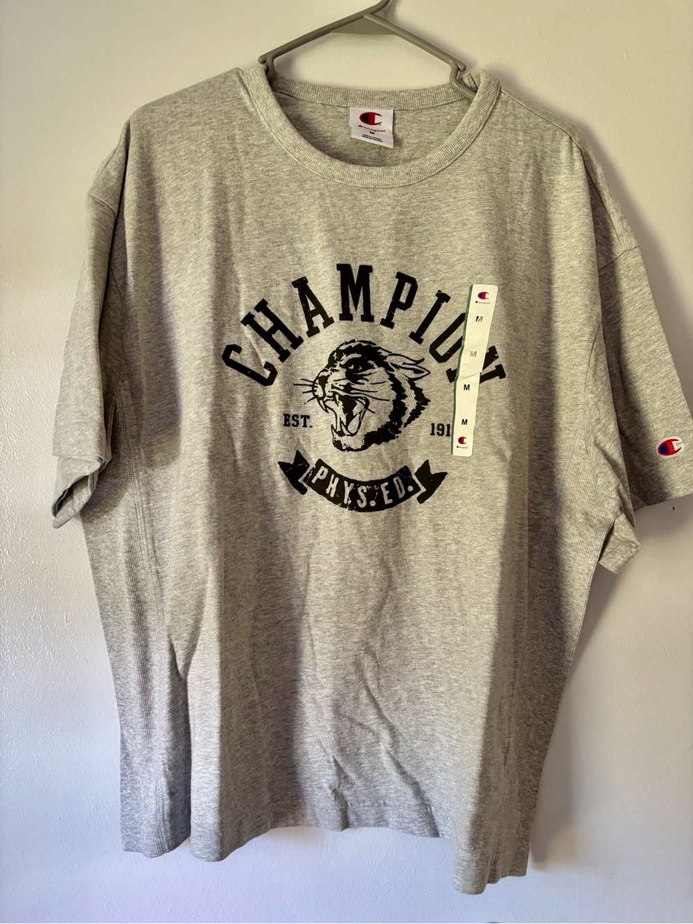 Champion Medium Gray TShirt Boxy Loose Fit Athleisure Gym Oversized Tiger Logo